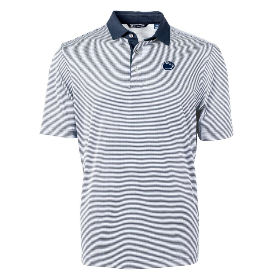 Men * | Clearance Sale Men'S Cutter & Buck Navy/White Penn State Nittany Lions Big & Tall Virtue Eco Pique Micro Stripe Recycled Polo