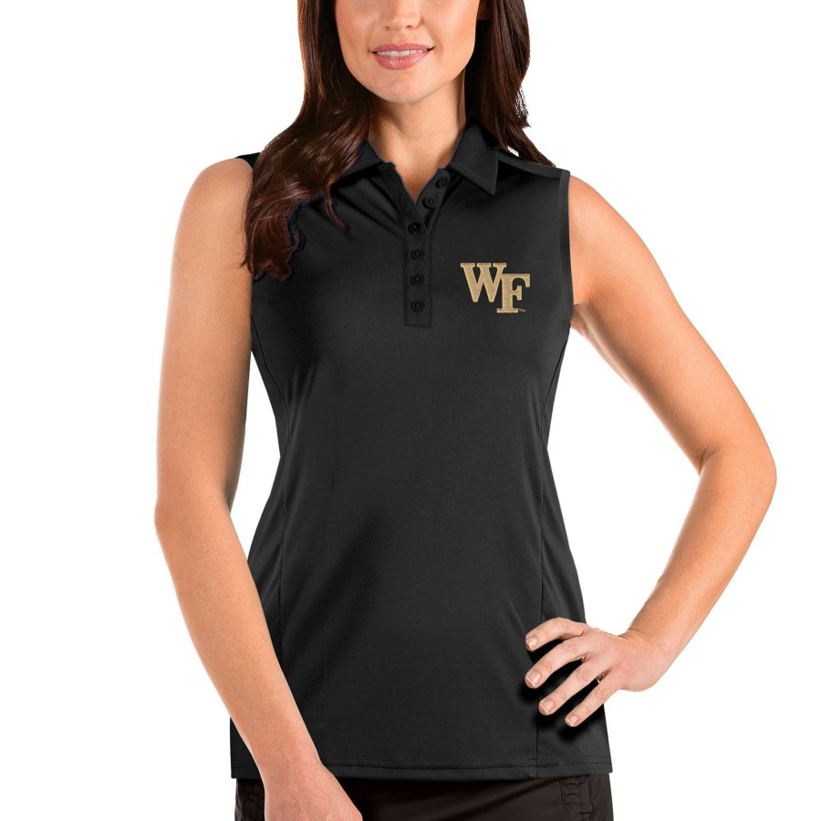 Men * | Hot Sell Women'S Antigua Black Wake Forest Demon Deacons Tribute Sleeveless Polo