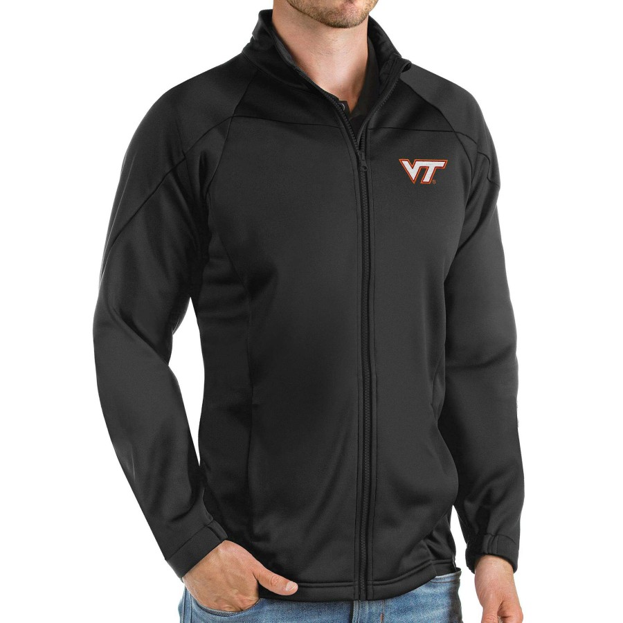 Men * | Online Sales Men'S Antigua Black Virginia Tech Hokies Links Full-Zip Golf Jacket