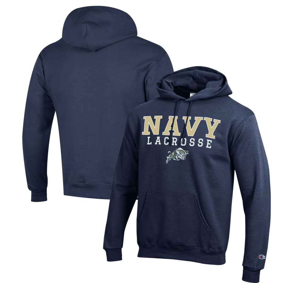 Men * | Bestsellers Men'S Champion Navy Navy Midshipmen Stack Logo Lacrosse Powerblend Pullover Hoodie