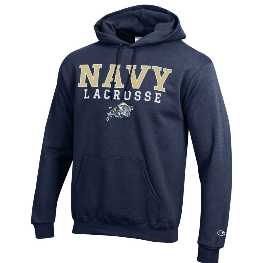 Men * | Bestsellers Men'S Champion Navy Navy Midshipmen Stack Logo Lacrosse Powerblend Pullover Hoodie