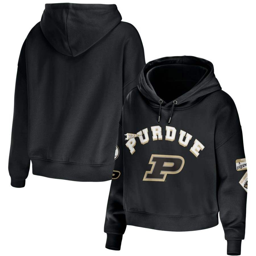 Women * | Clearance Sale Women'S Wear By Erin Andrews Black Purdue Boilermakers Mixed Media Cropped Pullover Hoodie