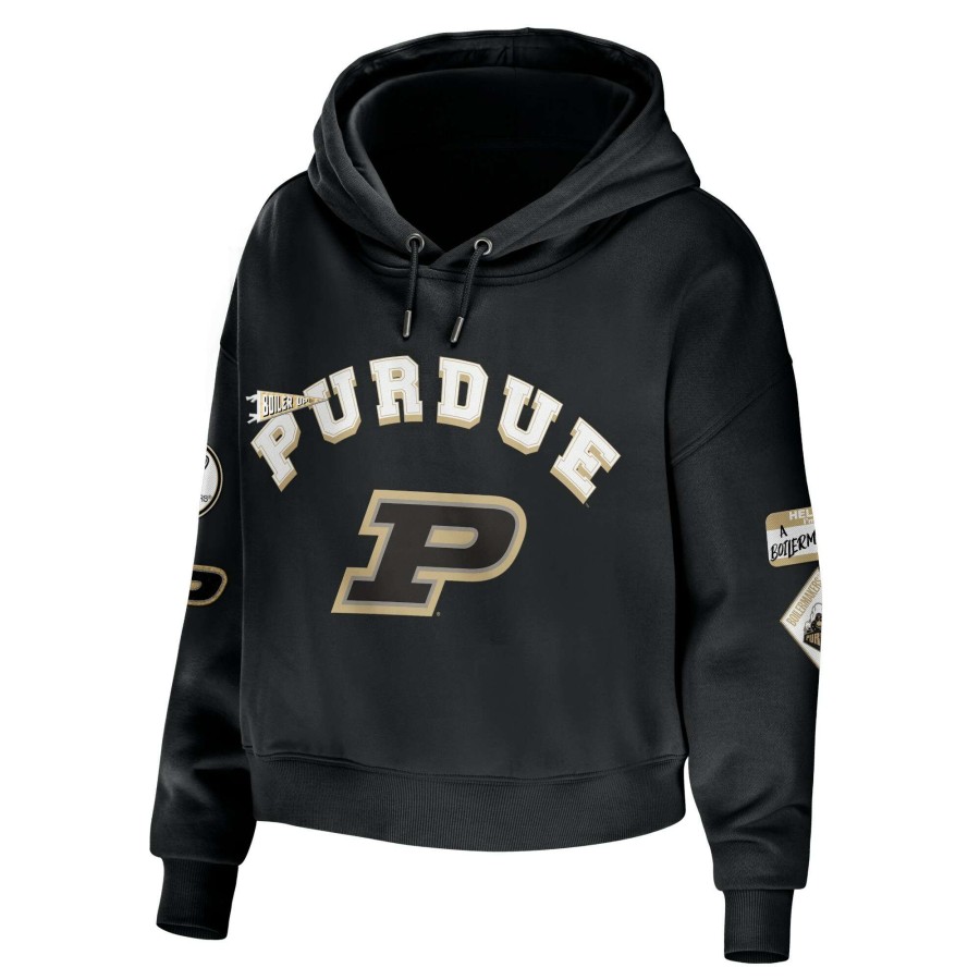 Women * | Clearance Sale Women'S Wear By Erin Andrews Black Purdue Boilermakers Mixed Media Cropped Pullover Hoodie