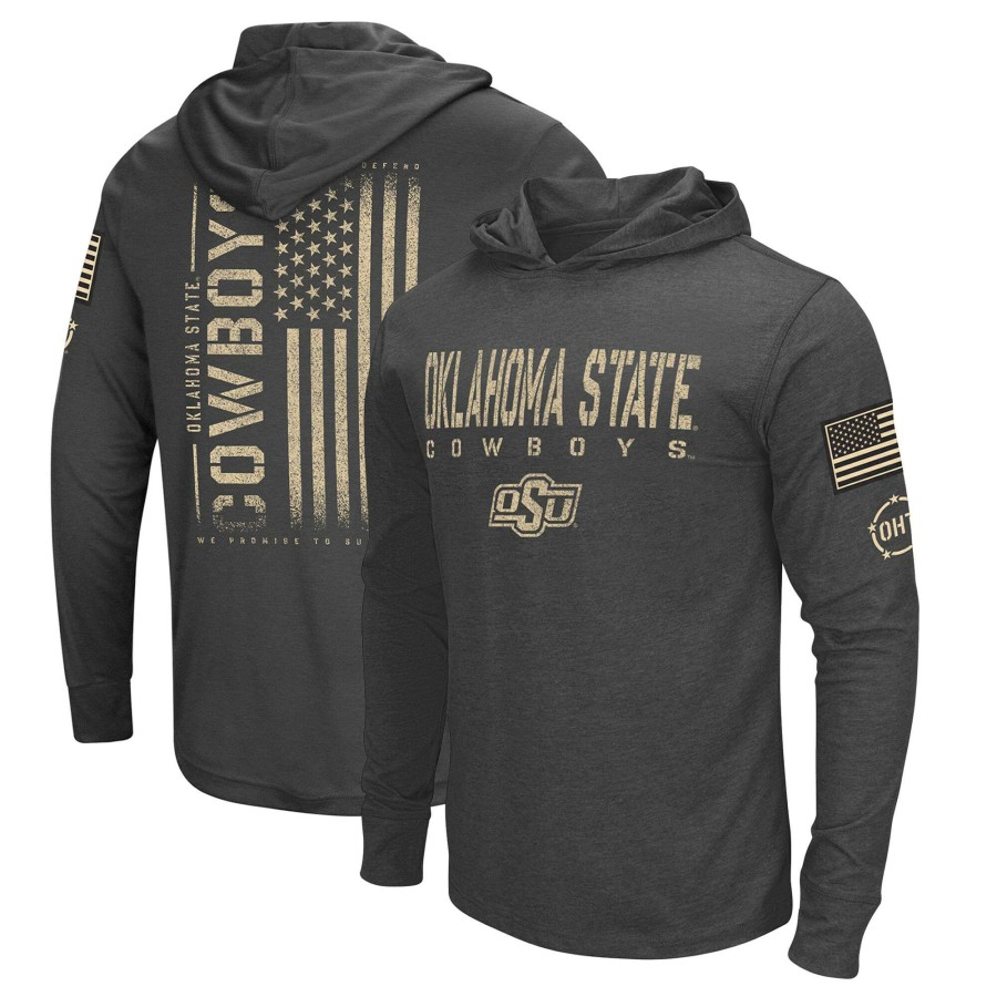 Men * | Tendy Style Men'S Colosseum Charcoal Oklahoma State Cowboys Team Oht Military Appreciation Hoodie Long Sleeve T-Shirt