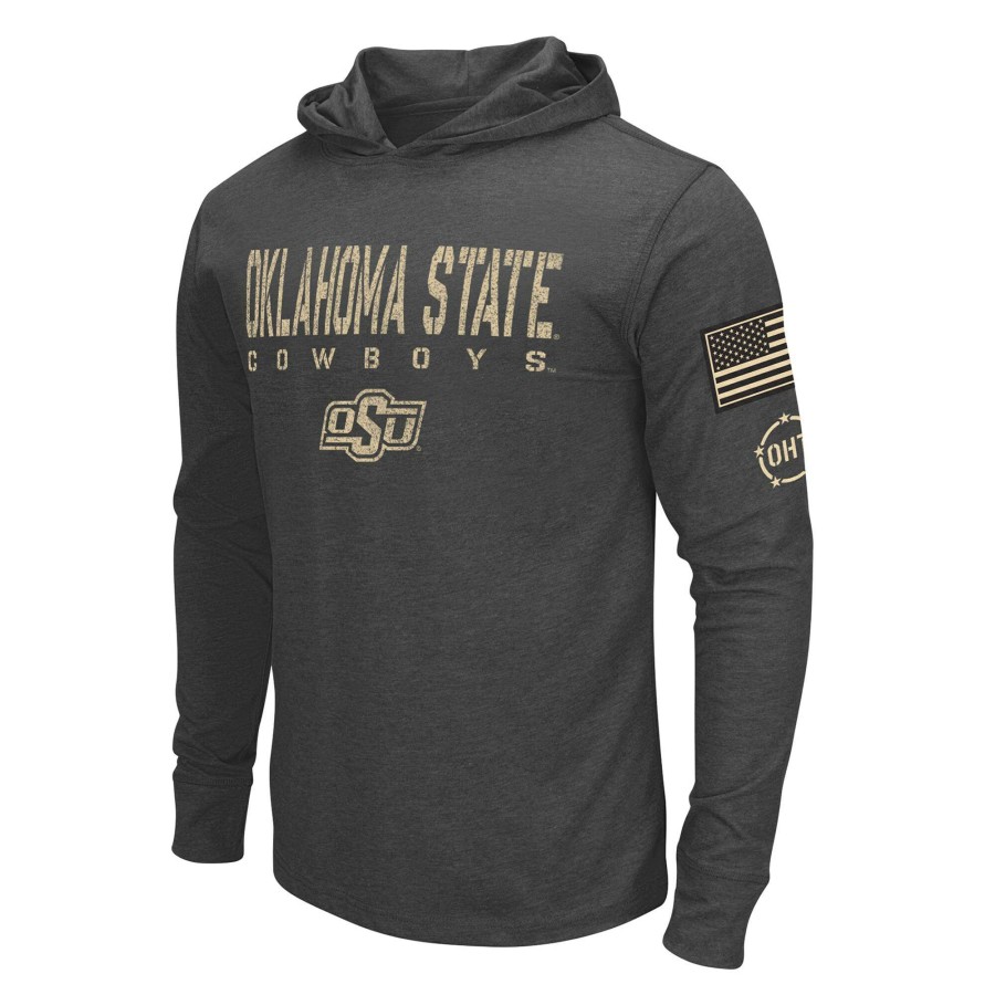 Men * | Tendy Style Men'S Colosseum Charcoal Oklahoma State Cowboys Team Oht Military Appreciation Hoodie Long Sleeve T-Shirt