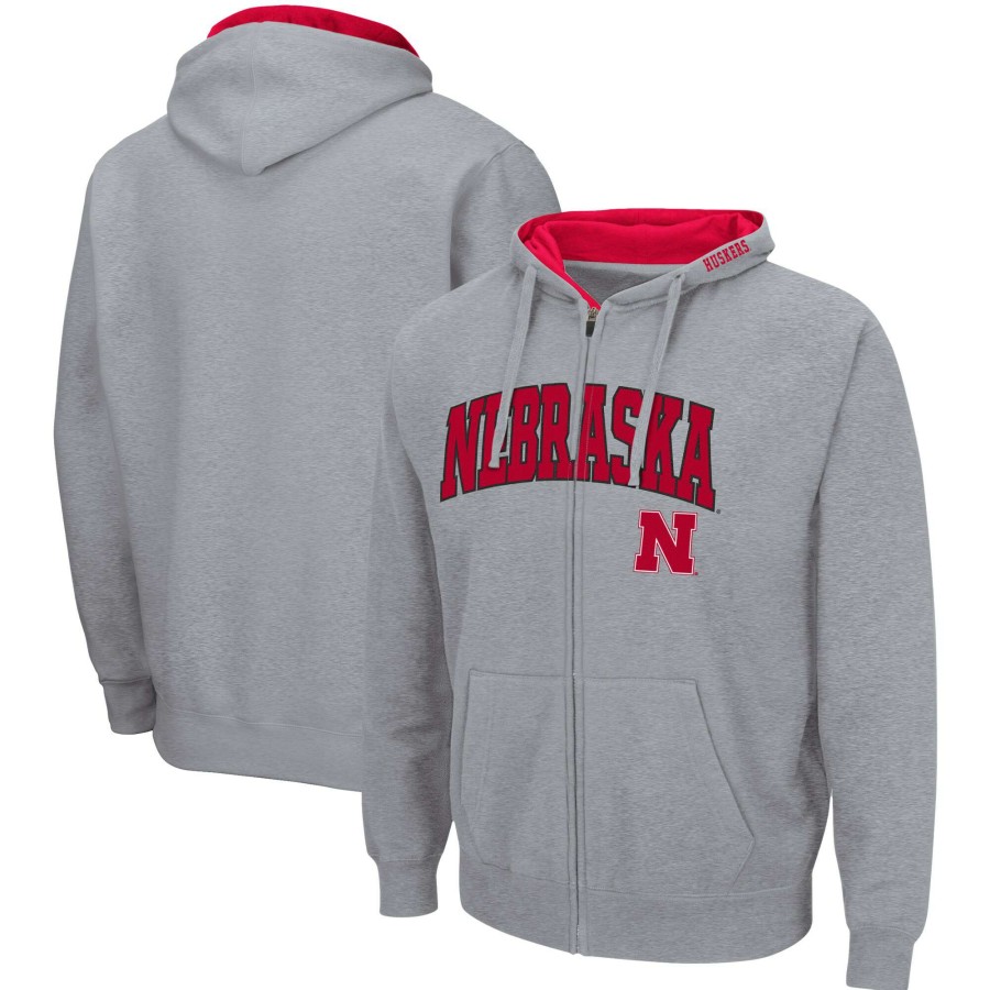 Men * | Discount Store Men'S Colosseum Heathered Gray Nebraska Huskers Arch & Logo 3.0 Full-Zip Hoodie