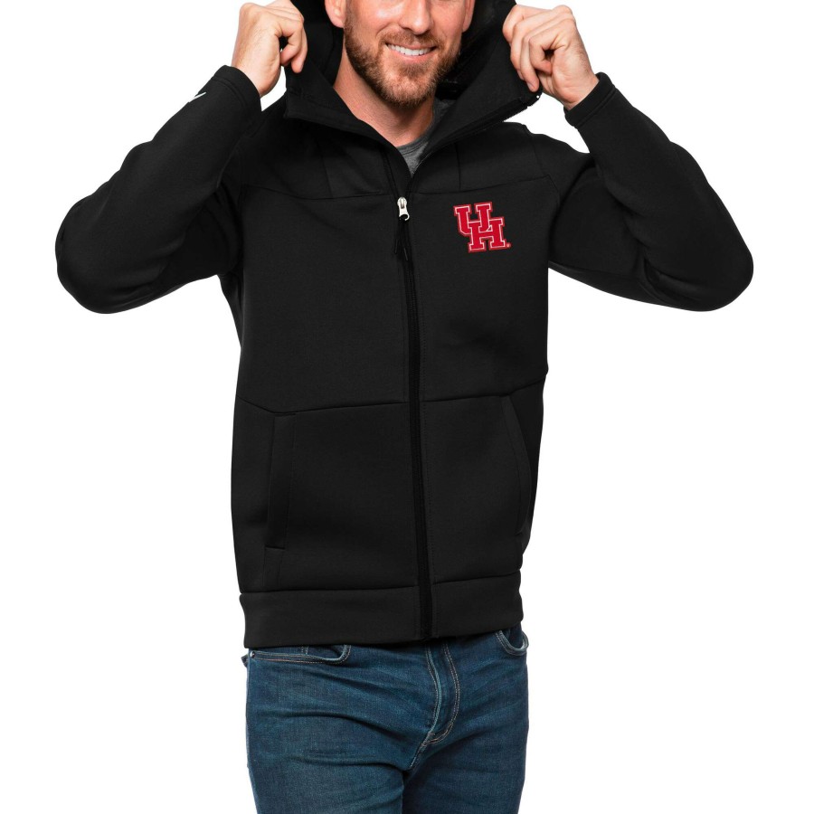 Men * | Best Sellers Men'S Antigua Black/ Houston Cougars Protect Full-Zip Hoodie