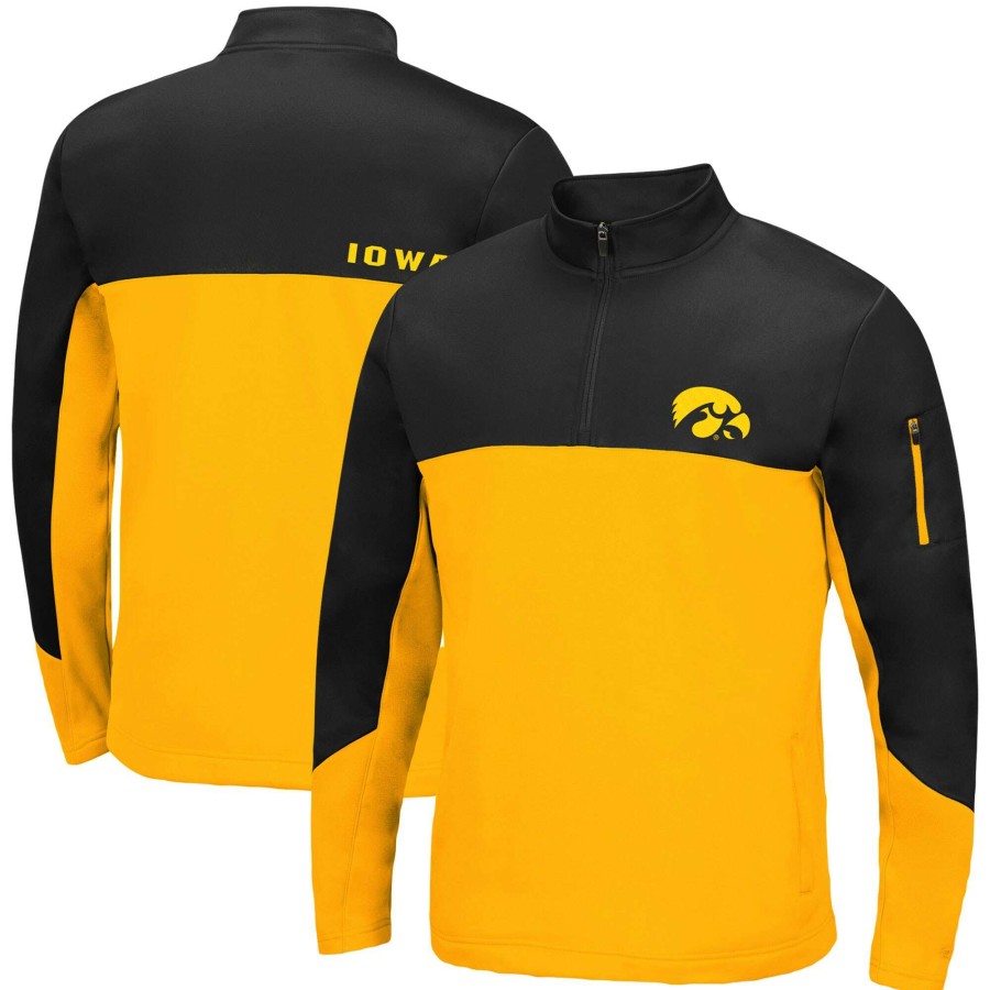 Men * | Reliable Quality Men'S Colosseum Black/Gold Iowa Hawkeyes Triple Dog Dare Quarter-Zip Jacket