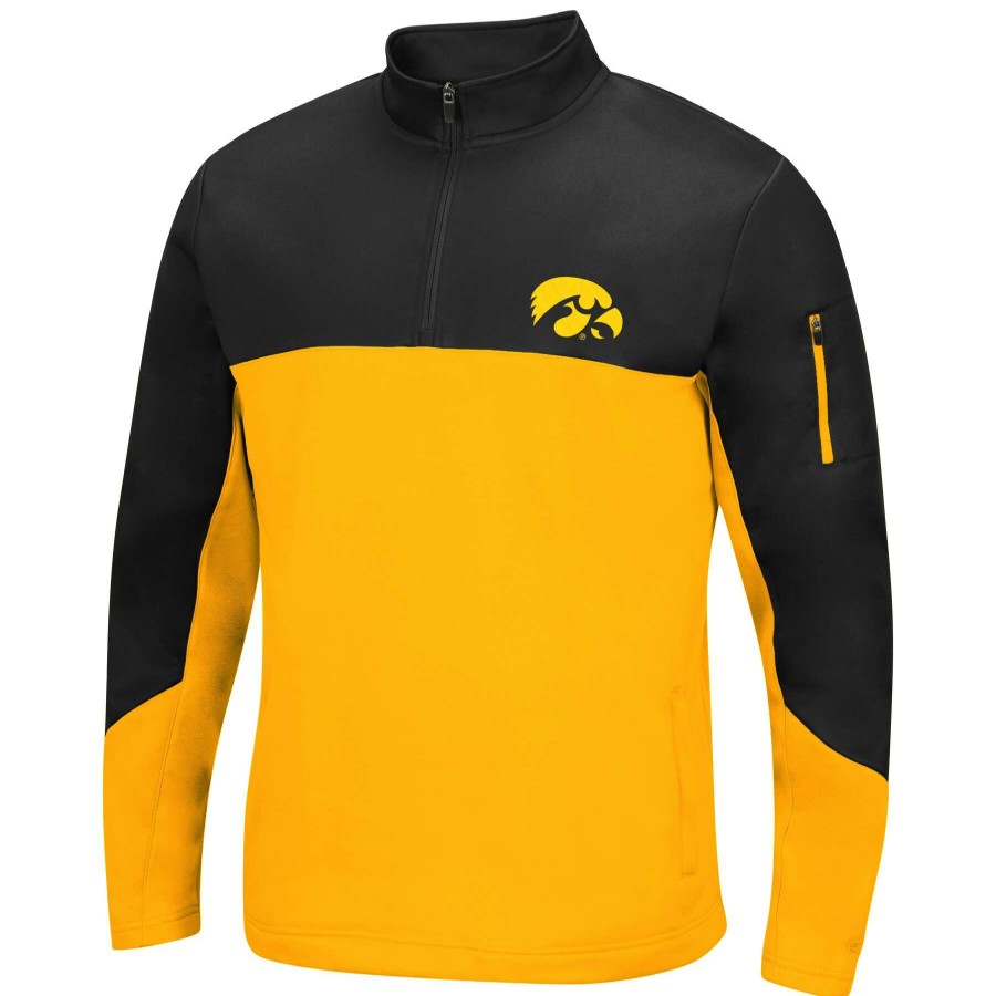 Men * | Reliable Quality Men'S Colosseum Black/Gold Iowa Hawkeyes Triple Dog Dare Quarter-Zip Jacket