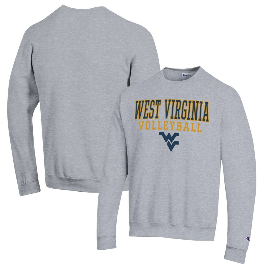 Men * | Best Quality Men'S Champion Heather Gray West Virginia Mountaineers Stack Logo Volleyball Powerblend Pullover Sweatshirt