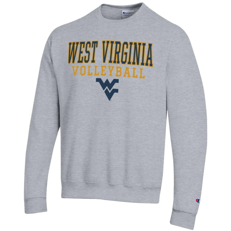 Men * | Best Quality Men'S Champion Heather Gray West Virginia Mountaineers Stack Logo Volleyball Powerblend Pullover Sweatshirt