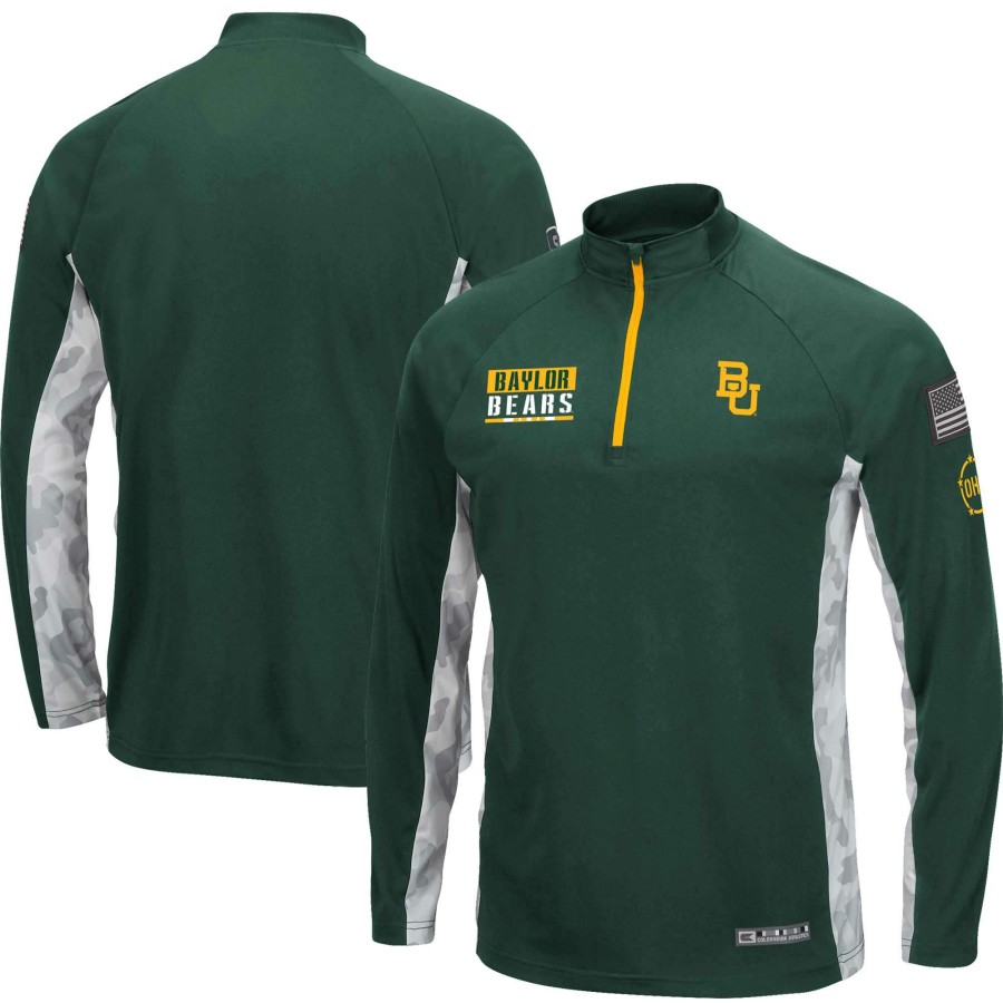 Men * | Hot Sell Men'S Colosseum Green/Camo Baylor Bears Oht Military Appreciation Snow Cruise Raglan Quarter-Zip Top