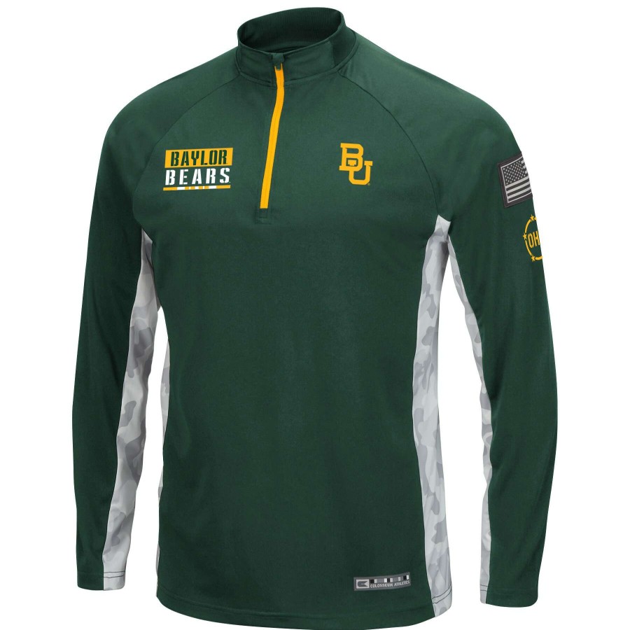 Men * | Hot Sell Men'S Colosseum Green/Camo Baylor Bears Oht Military Appreciation Snow Cruise Raglan Quarter-Zip Top