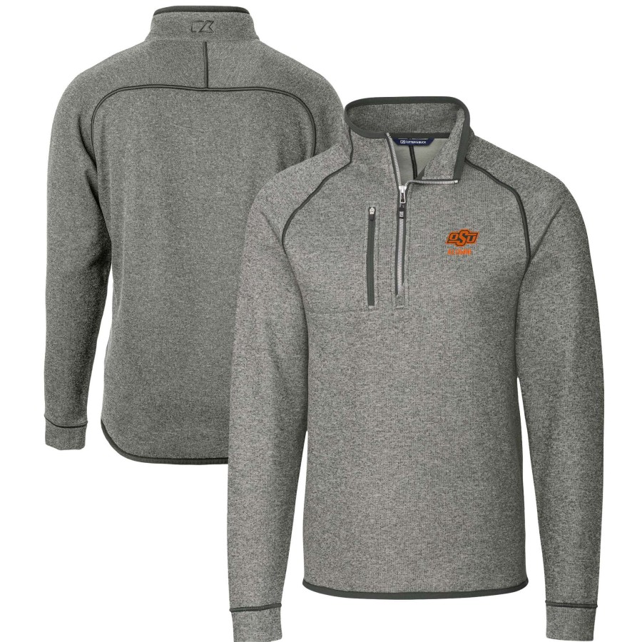 Men * | Reliable Quality Men'S Cutter & Buck Heather Gray Oklahoma State Cowboys Alumni Logo Mainsail Sweater-Knit Half-Zip Pullover Jacket