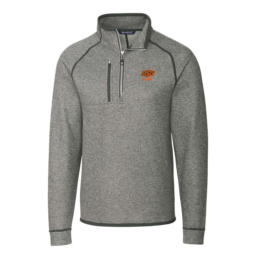 Men * | Reliable Quality Men'S Cutter & Buck Heather Gray Oklahoma State Cowboys Alumni Logo Mainsail Sweater-Knit Half-Zip Pullover Jacket