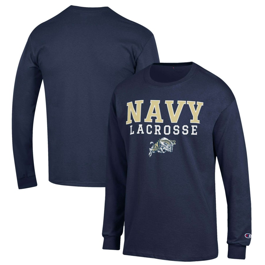 Men * | Sale Online Men'S Champion Navy Navy Midshipmen Stack Logo Lacrosse Powerblend Long Sleeve T-Shirt