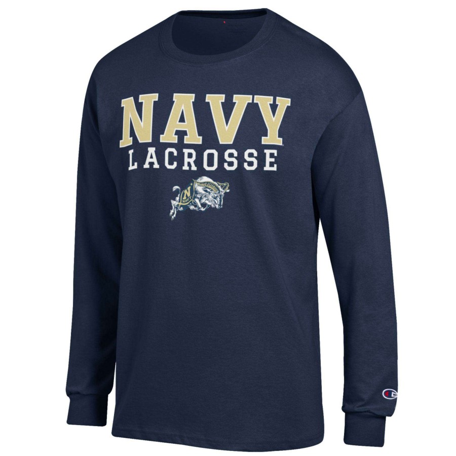 Men * | Sale Online Men'S Champion Navy Navy Midshipmen Stack Logo Lacrosse Powerblend Long Sleeve T-Shirt