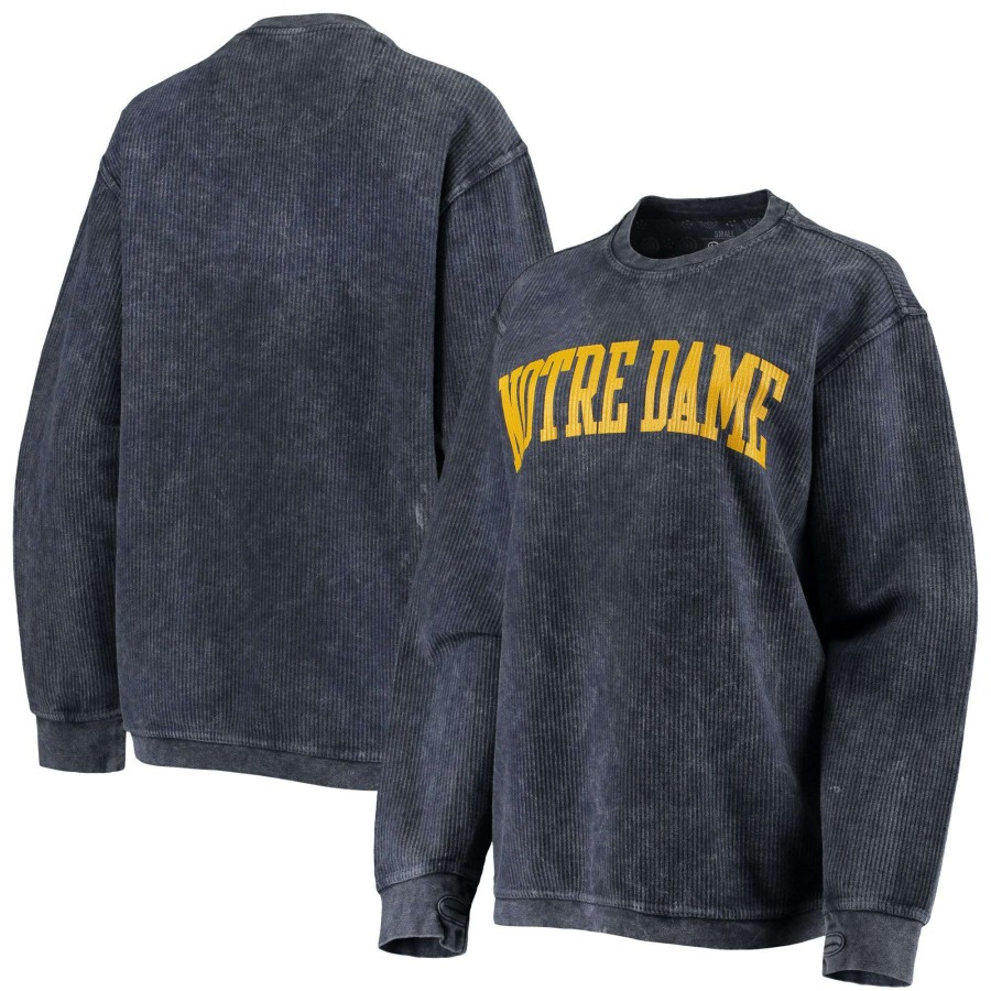 Women * | Good Quality Women'S Pressbox Navy Notre Dame Fighting Irish Comfy Cord Vintage Wash Basic Arch Pullover Sweatshirt