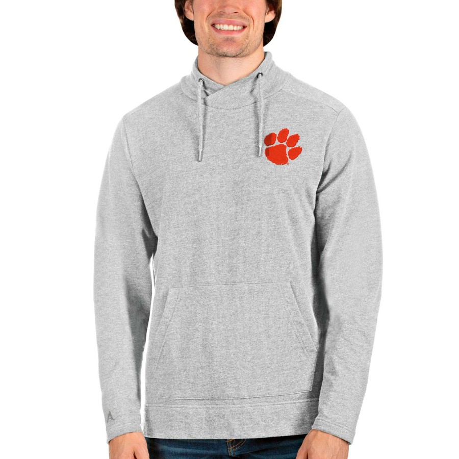 Men * | Clearance Sale Men'S Antigua Heathered Gray Clemson Tigers Reward Crossover Neckline Pullover Sweatshirt