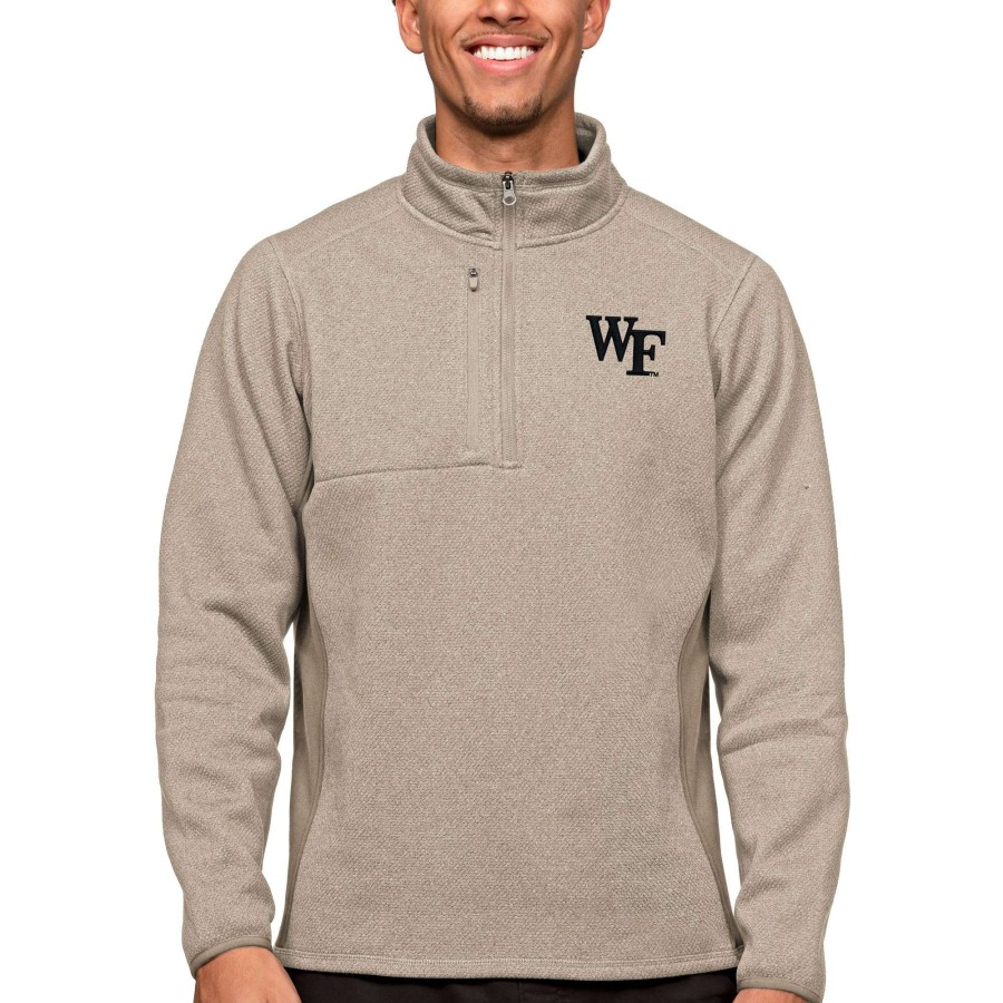 Men * | Sale Online Men'S Antigua Oatmeal Wake Forest Demon Deacons Course Quarter-Zip Pullover Top