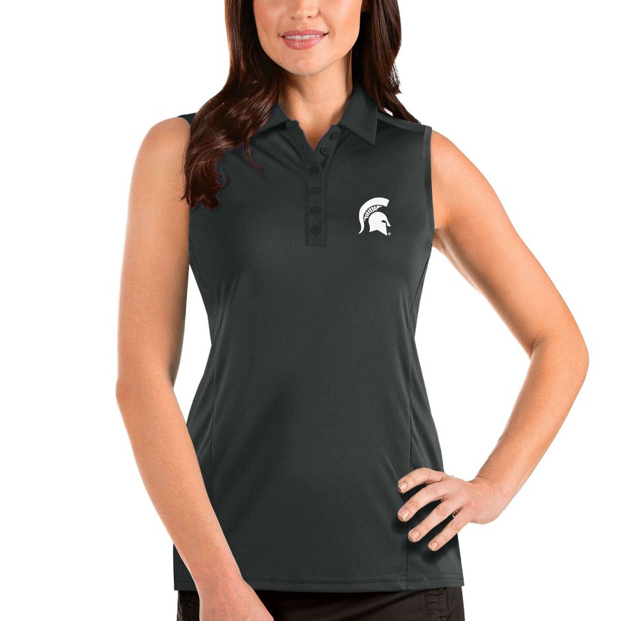 Women * | Reliable Quality Women'S Antigua Charcoal Michigan State Spartans Tribute Sleeveless Polo