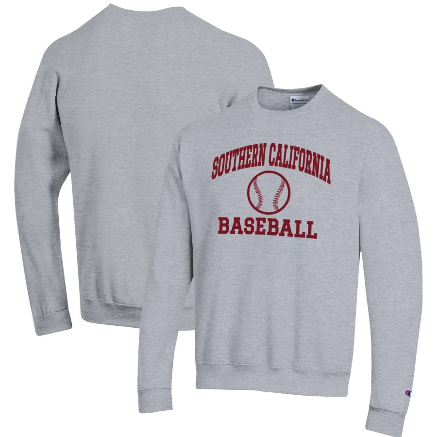 Men * | Reliable Quality Men'S Champion Gray Usc Trojans Baseball Icon Crewneck Pullover Sweatshirt