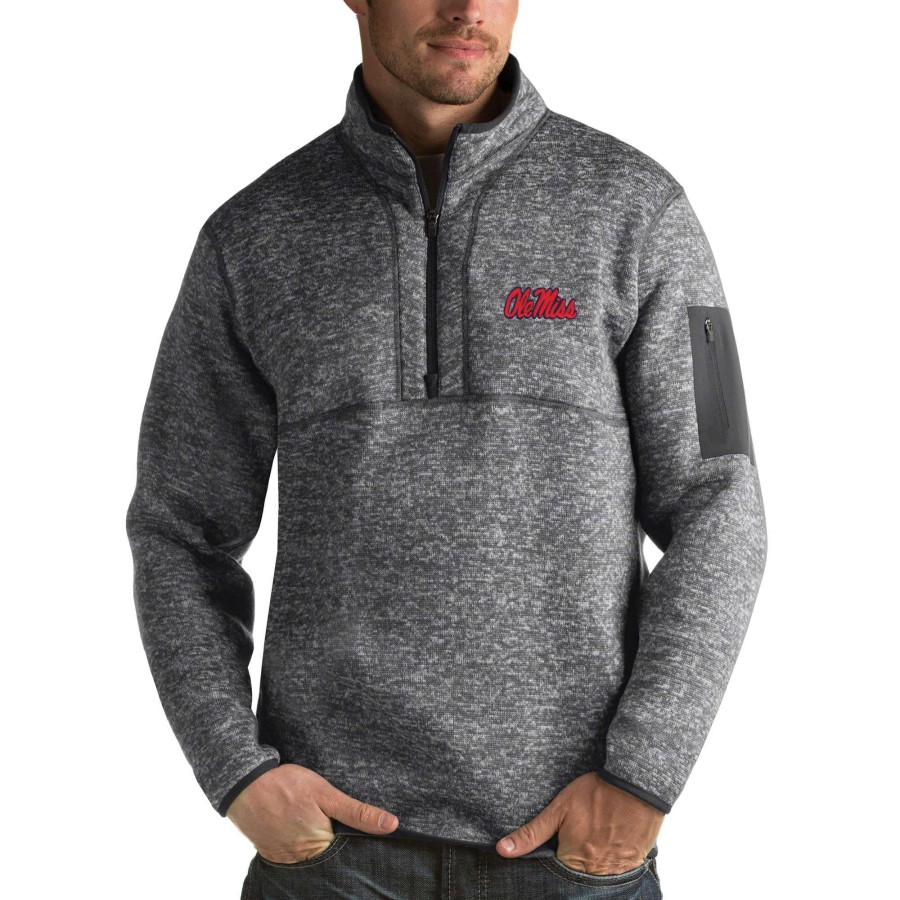 Men * | Reliable Quality Men'S Antigua Heathered Charcoal Ole Miss Rebels Fortune 1/2-Zip Pullover Sweater