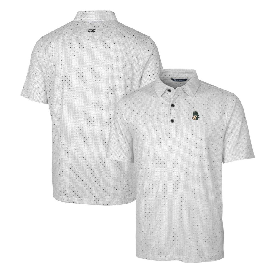 Men * | Online Discount Men'S Cutter & Buck Charcoal Michigan State Spartans Primary Team Logo Pike Double Dot Print Stretch Polo