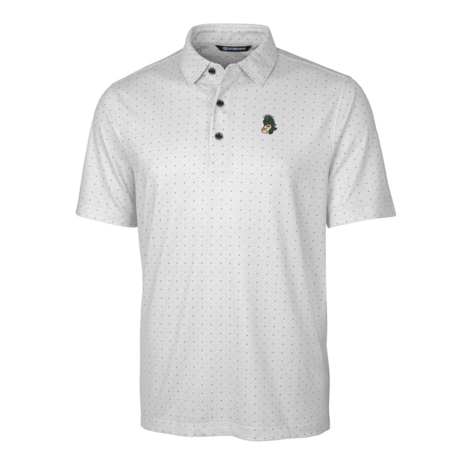 Men * | Online Discount Men'S Cutter & Buck Charcoal Michigan State Spartans Primary Team Logo Pike Double Dot Print Stretch Polo