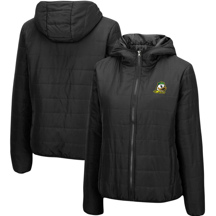 Women * | Best Quality Women'S Colosseum Black Oregon Ducks Arianna Full-Zip Puffer Jacket