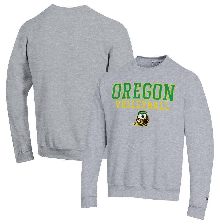 Men * | Original Men'S Champion Heather Gray Oregon Ducks Stack Logo Volleyball Powerblend Pullover Sweatshirt