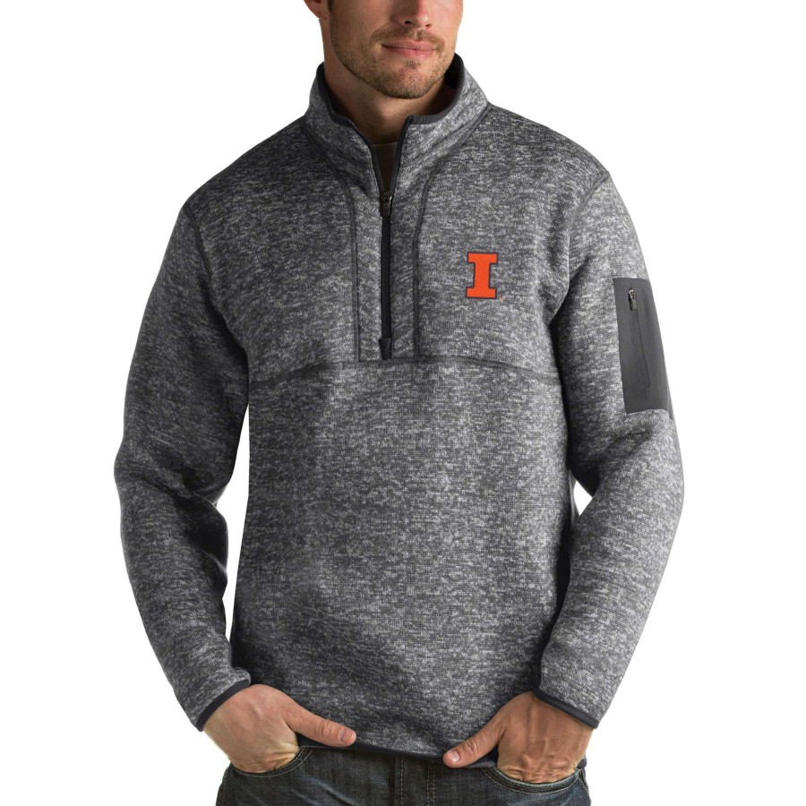 Men * | Best Quality Men'S Antigua Heathered Charcoal Illinois Fighting Illini Fortune 1/2-Zip Pullover Sweater