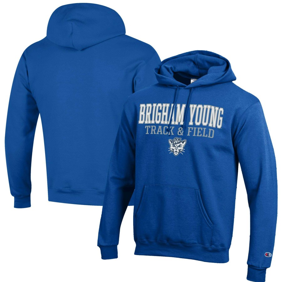 Men * | Lower Prices Men'S Champion Royal Byu Cougars Track & Field Stack Powerblend Pullover Hoodie