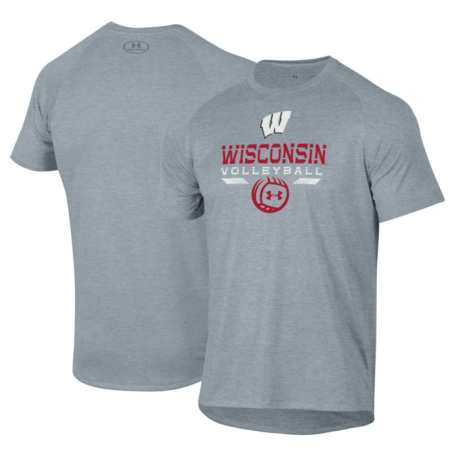 Men * | Limited Edition Men'S Under Armour Gray Wisconsin Badgers Volleyball Icon Raglan Performance T-Shirt