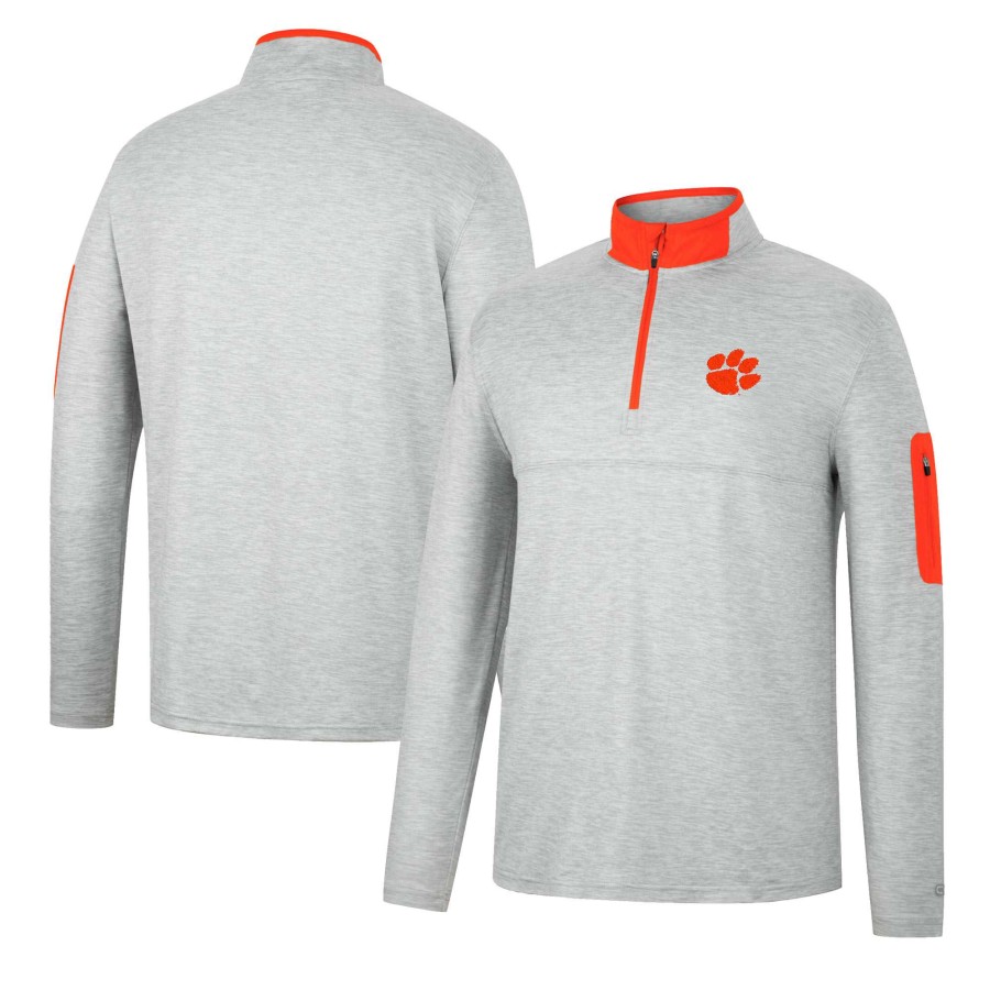 Men * | Discount Store Men'S Colosseum Heathered Gray/Orange Clemson Tigers Country Club Windshirt Quarter-Zip Jacket