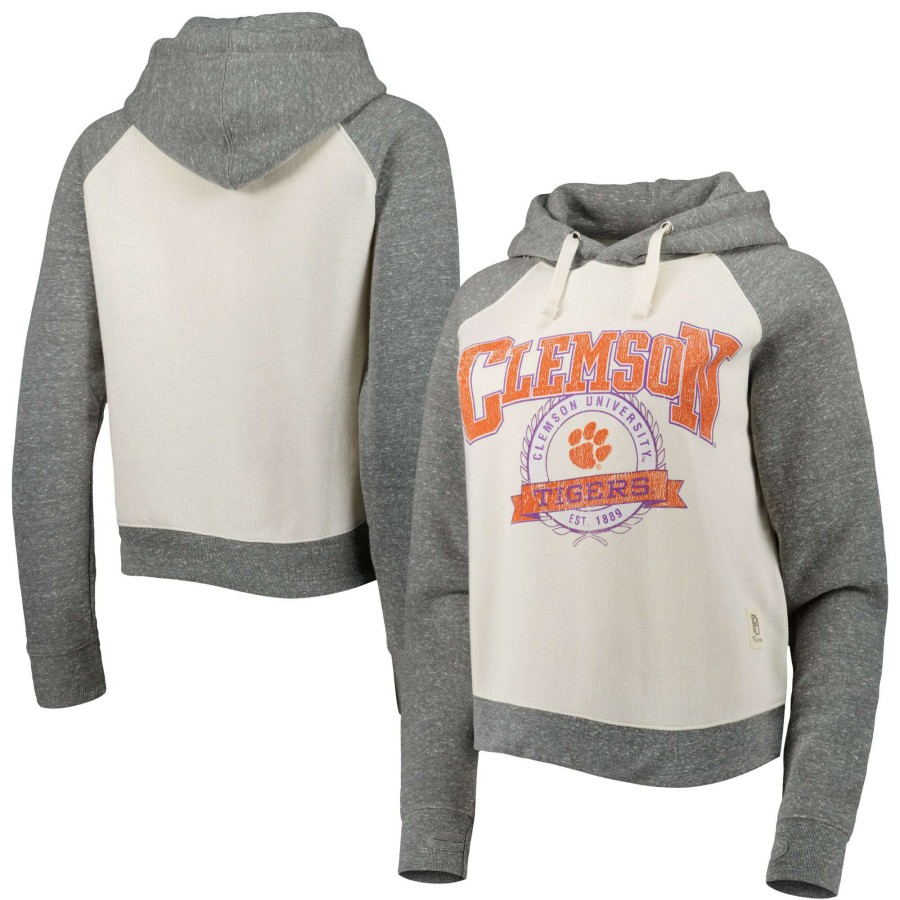 Women * | Best Sellers Women'S Pressbox Cream/Heather Gray Clemson Tigers Cody Tri-Bend Raglan Pullover Hoodie