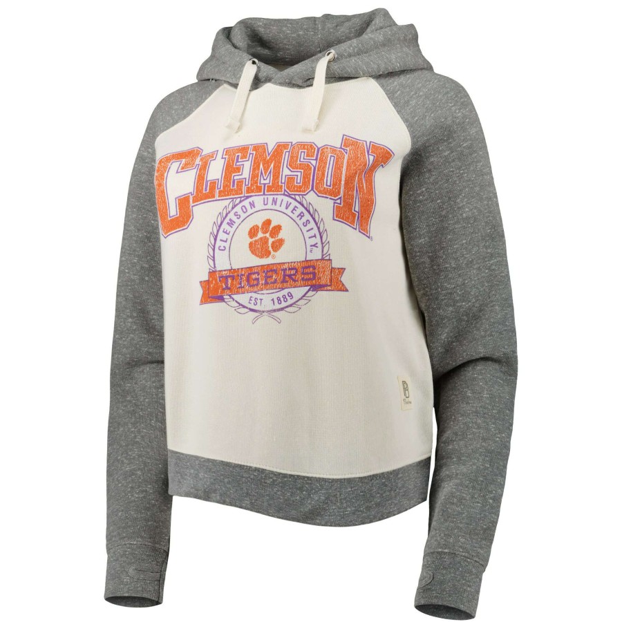 Women * | Best Sellers Women'S Pressbox Cream/Heather Gray Clemson Tigers Cody Tri-Bend Raglan Pullover Hoodie