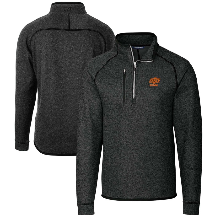 Men * | Online Discount Men'S Cutter & Buck Heather Charcoal Oklahoma State Cowboys Alumni Logo Mainsail Sweater-Knit Half-Zip Pullover Jacket