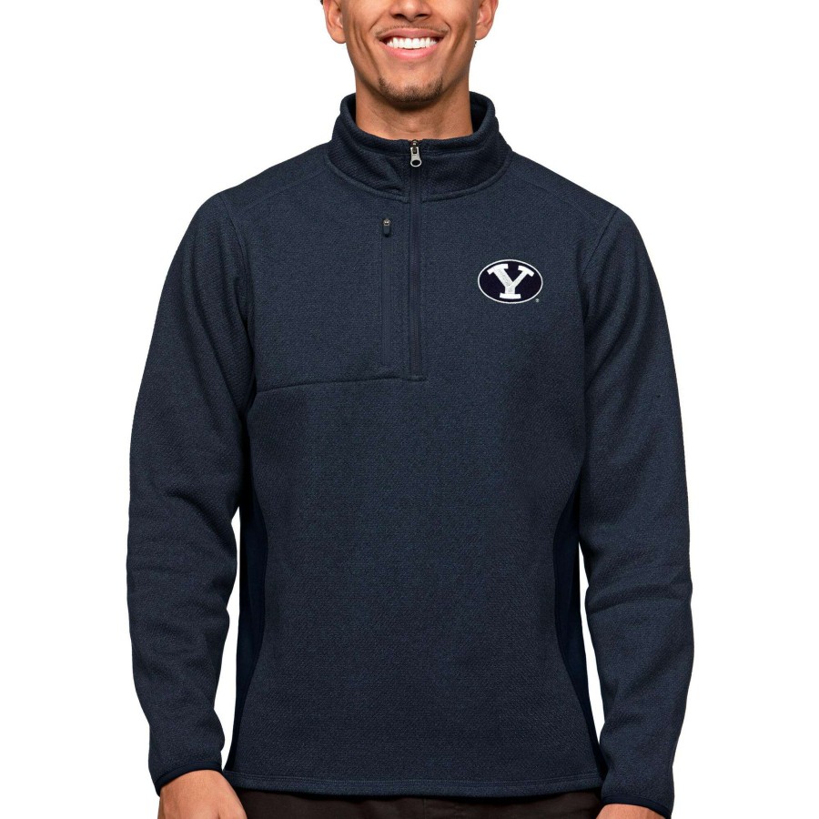 Men * | Lower Prices Men'S Antigua Heather Navy Byu Cougars Course Quarter-Zip Pullover Top