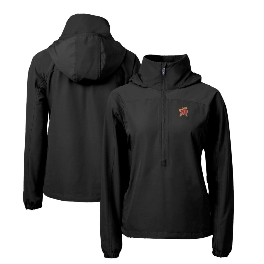 Women * | Limited Edition Women'S Cutter & Buck Black Maryland Terrapins Charter Eco Recycled Half-Zip Anorak Jacket