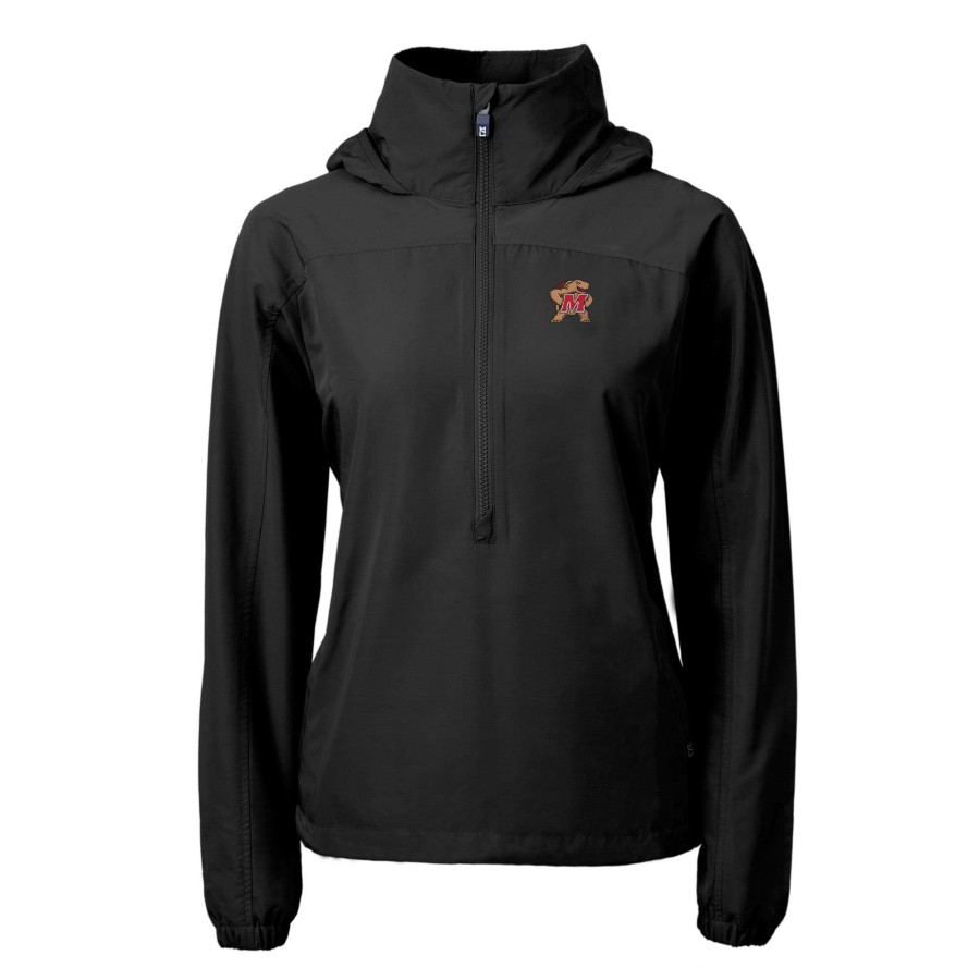 Women * | Limited Edition Women'S Cutter & Buck Black Maryland Terrapins Charter Eco Recycled Half-Zip Anorak Jacket