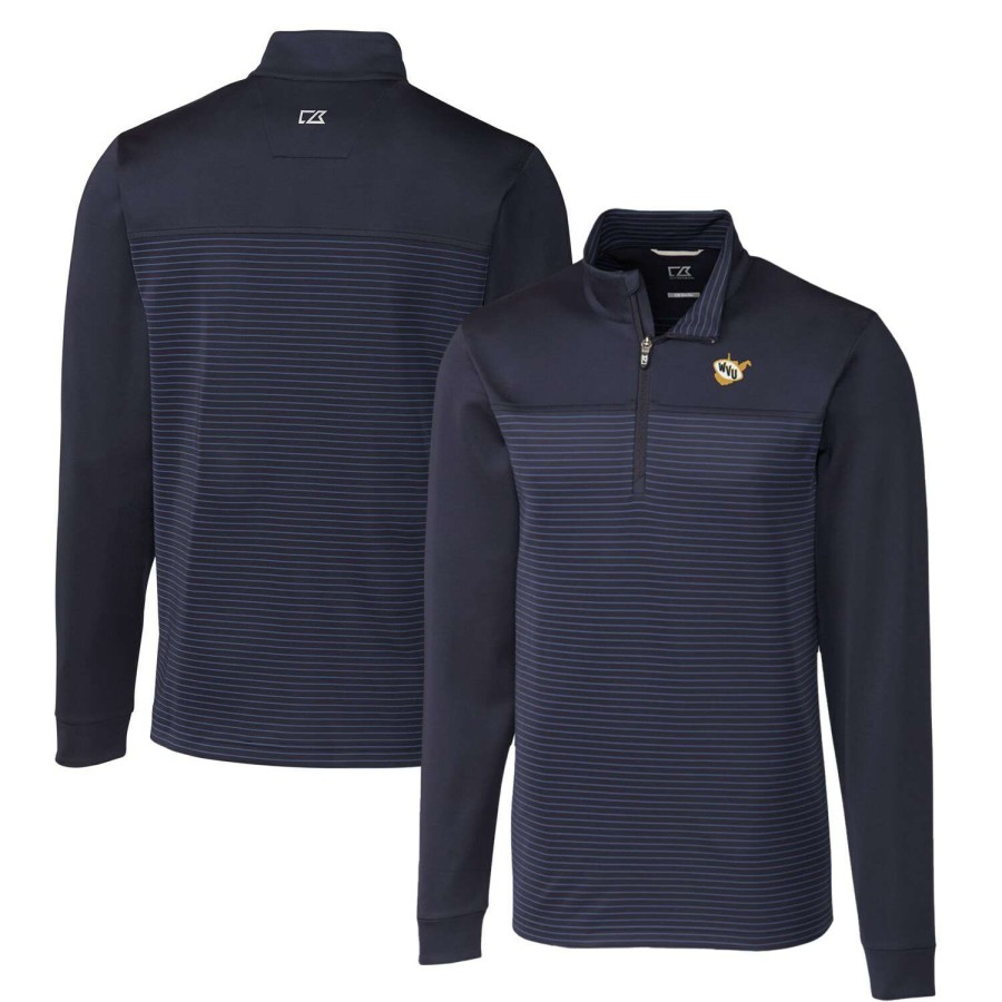 Men * | Online Sales Men'S Cutter & Buck Navy West Virginia Mountaineers Big & Tall Traverse Stripe Stretch Quarter-Zip Pullover Top