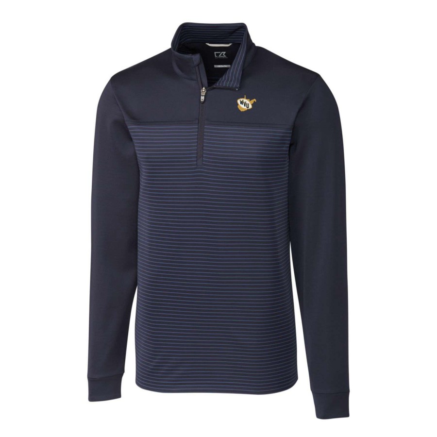 Men * | Online Sales Men'S Cutter & Buck Navy West Virginia Mountaineers Big & Tall Traverse Stripe Stretch Quarter-Zip Pullover Top