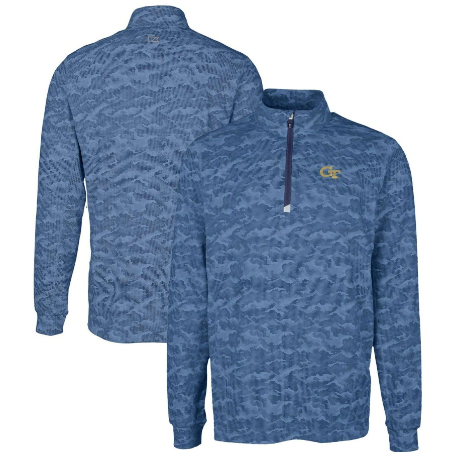 Men * | Best Sellers Men'S Cutter & Buck Navy Georgia Tech Yellow Jackets Big & Tall Traverse Camo Print Stretch Quarter-Zip Pullover Top