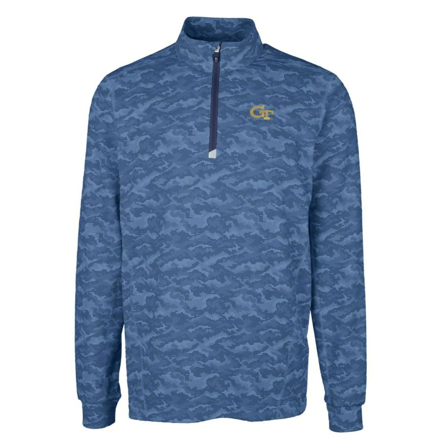 Men * | Best Sellers Men'S Cutter & Buck Navy Georgia Tech Yellow Jackets Big & Tall Traverse Camo Print Stretch Quarter-Zip Pullover Top