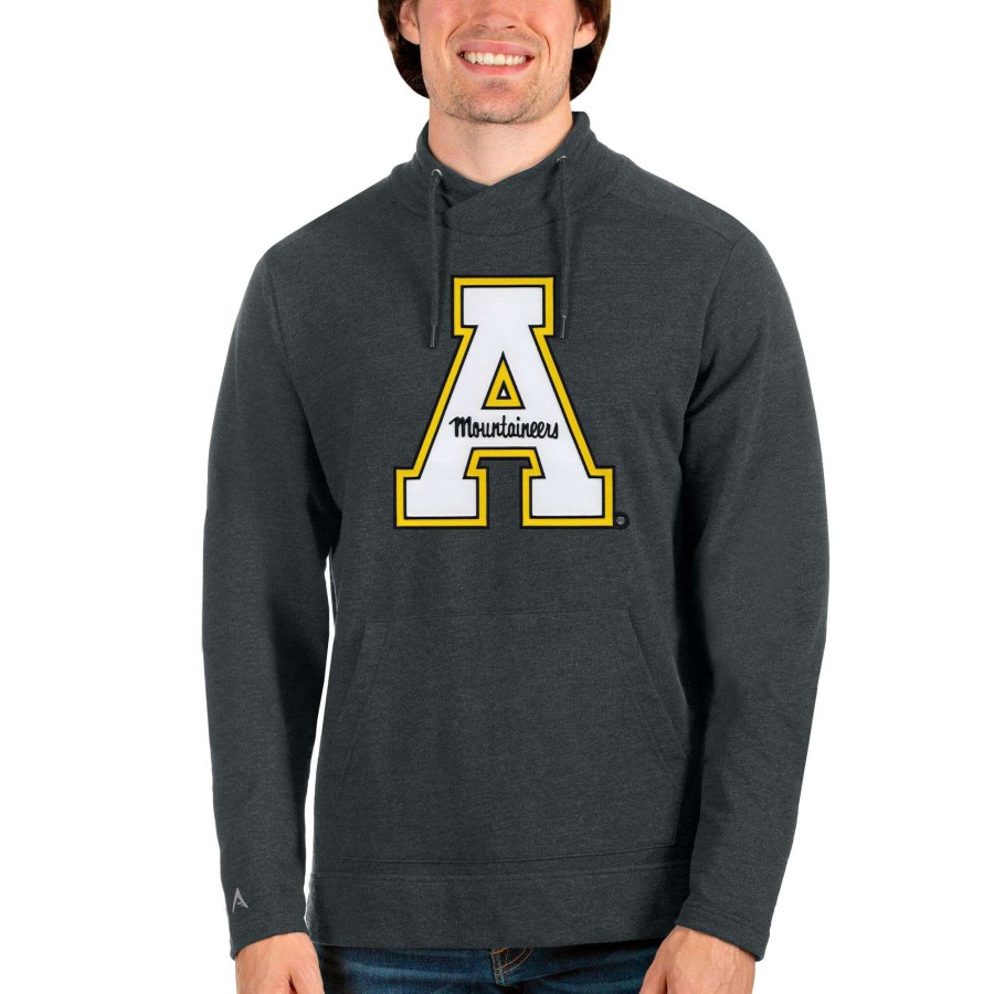 Men * | Lower Prices Men'S Antigua Heathered Charcoal Appalachian State Mountaineers Team Logo Reward Crossover Neckline Pullover Sweatshirt