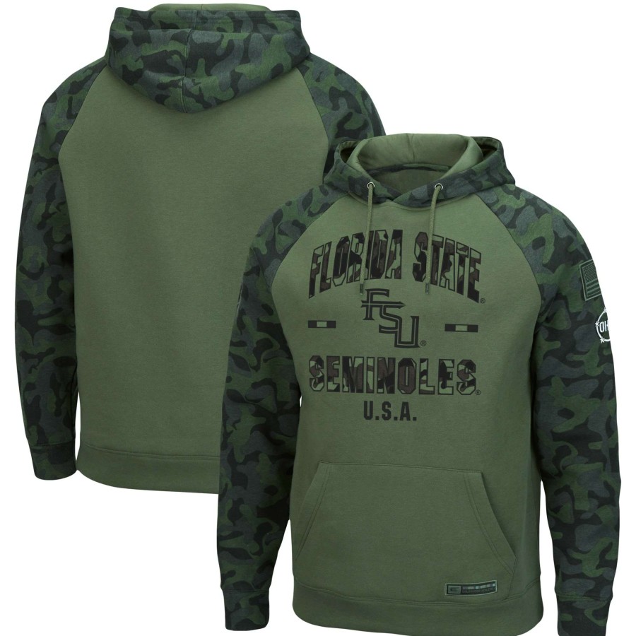 Men * | Clearance Sale Men'S Colosseum Olive/Camo Florida State Seminoles Oht Military Appreciation Raglan Pullover Hoodie