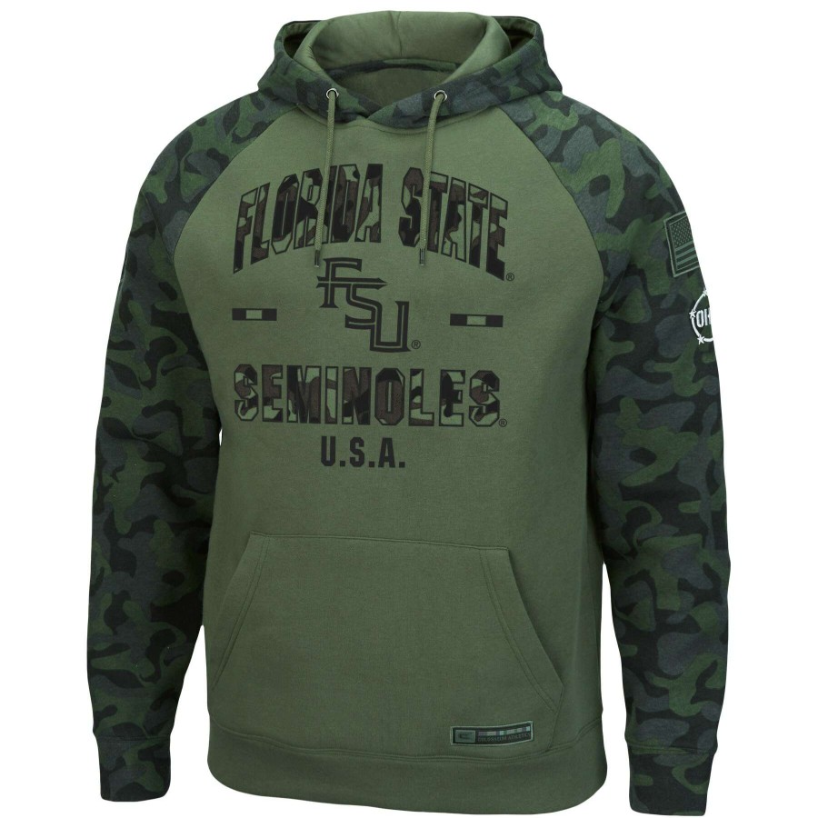 Men * | Clearance Sale Men'S Colosseum Olive/Camo Florida State Seminoles Oht Military Appreciation Raglan Pullover Hoodie