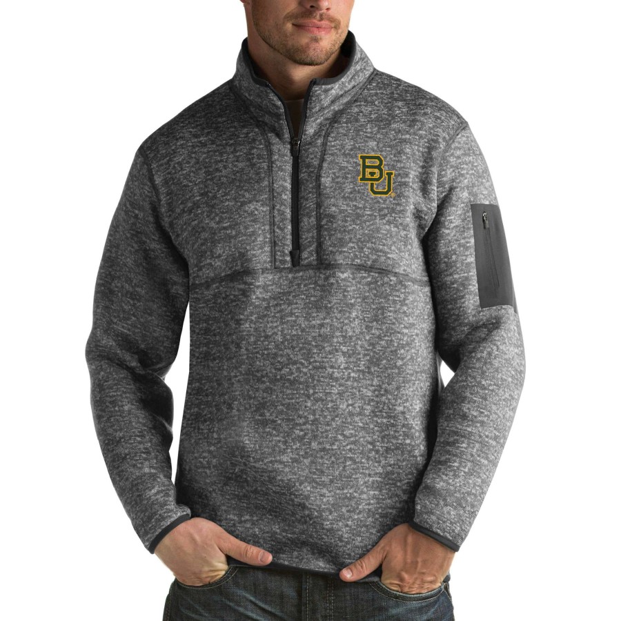 Men * | Bestsellers Men'S Antigua Charcoal Baylor Bears Fortune Big & Tall Quarter-Zip Pullover Jacket