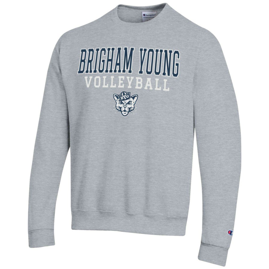 Men * | Clearance Sale Men'S Champion Heather Gray Byu Cougars Stack Logo Volleyball Powerblend Pullover Sweatshirt